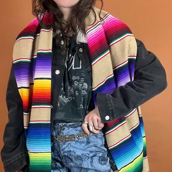 Serape Striped Oversized Scarf - Tan - Handmade - One Size - Picture 2 of 5